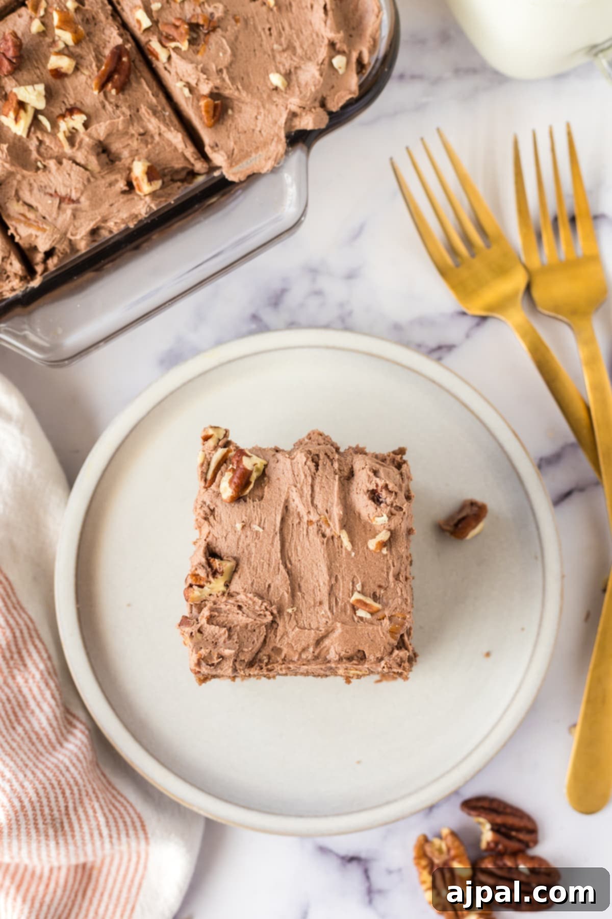 chocolate cake with chocolate icing topped with nuts on a white plate