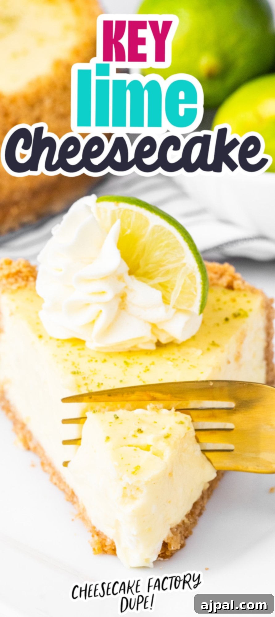 a slice of key lime cheesecake on a plate with a dollop of whipped cream and lime slices on top