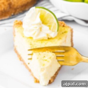 a fork cutting into a slice of key lime cheesecake with a dollop of whipped cream and a slice of key lime on top