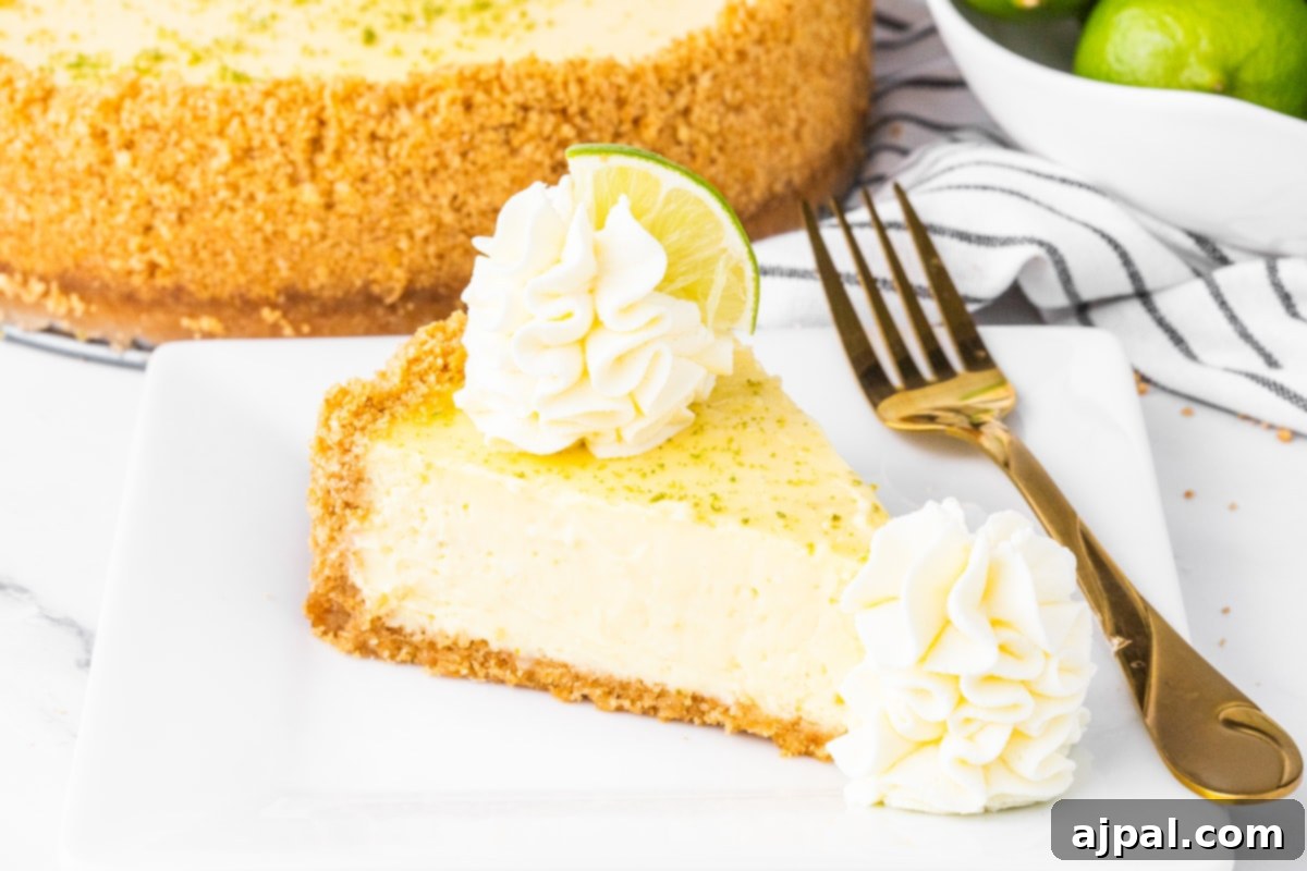 a slice of key lime cheesecake on a plate with a dollop of whipped cream and lime slices on top