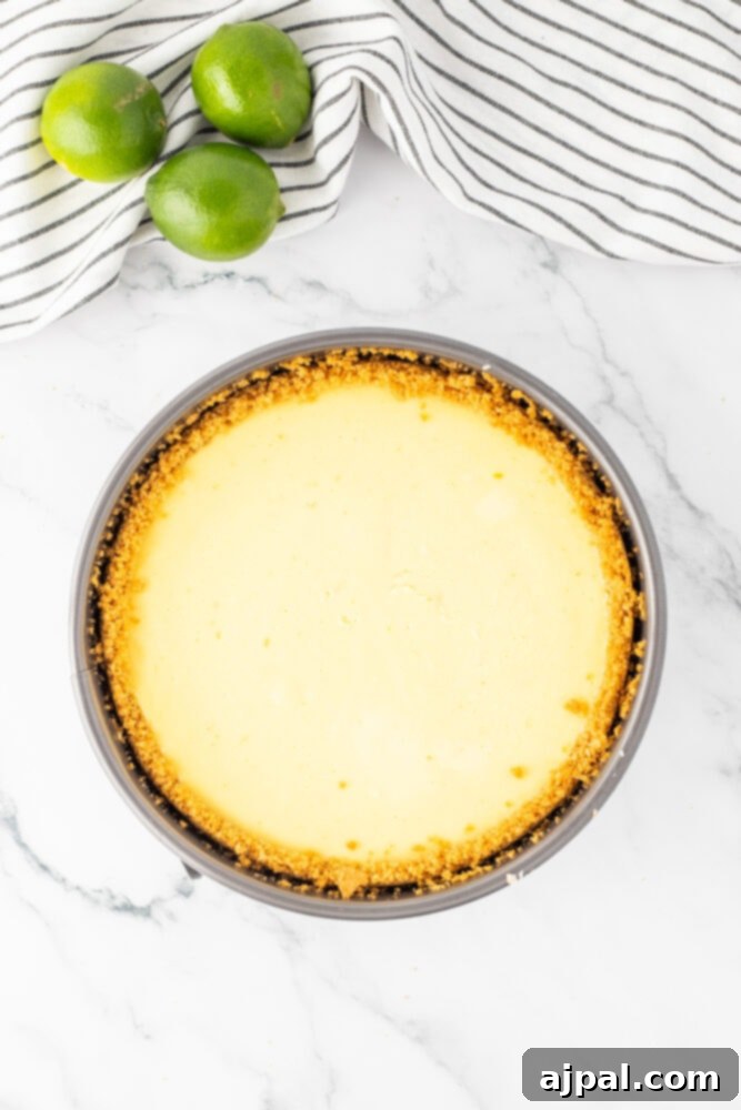 baked key lime cheesecake in a pan
