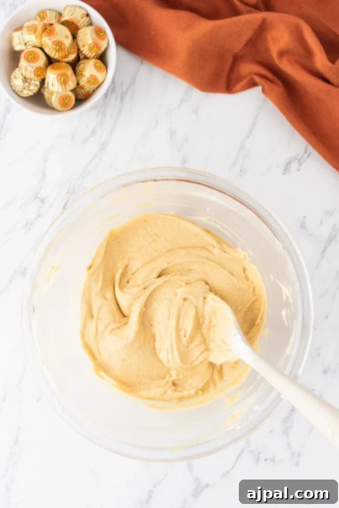 A bowl of creamy peanut butter filling, showing its light and fluffy texture after being fully mixed.