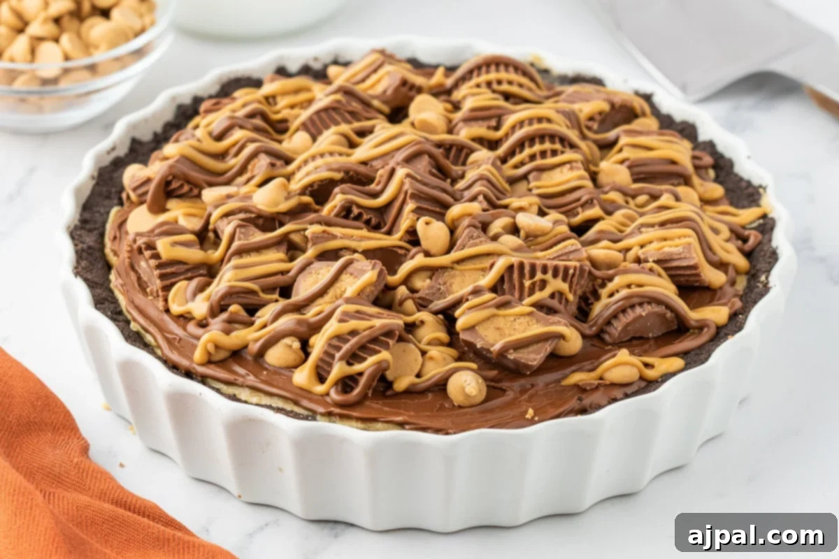 An overhead shot of the complete Reese's Peanut Butter Pie, showcasing the vibrant chocolate and peanut butter toppings against the smooth ganache layer and dark crust.