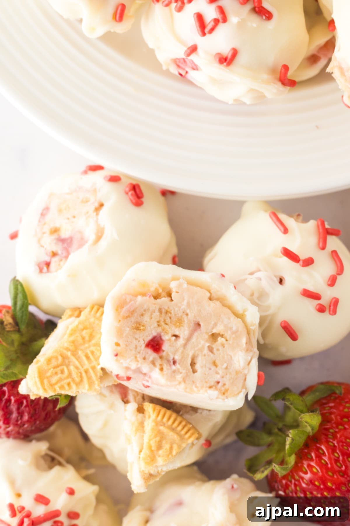 A plate featuring white chocolate-covered strawberries, resembling a festive and delicious dessert display.