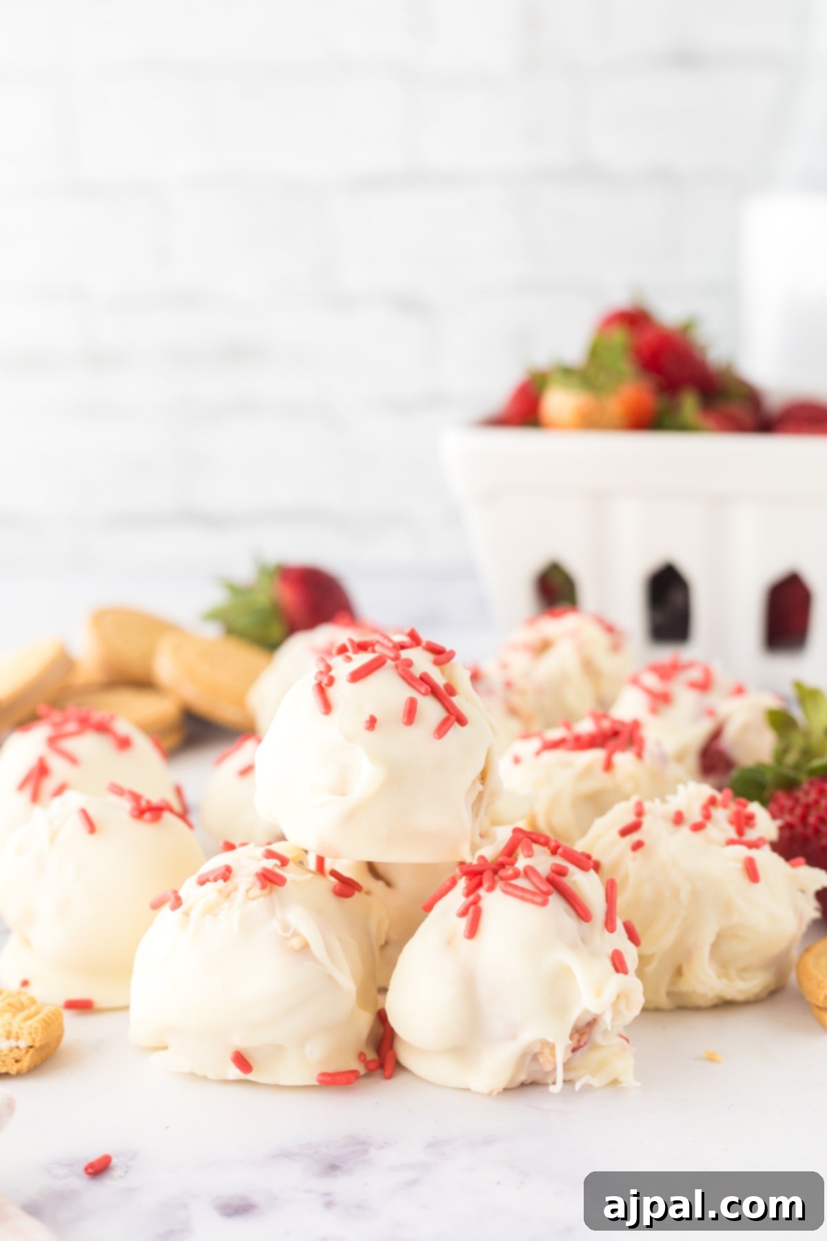 A graceful stack of white chocolate-dipped strawberry shortcake truffles, adorned with dainty pink sprinkles, showcased on a pristine white plate.