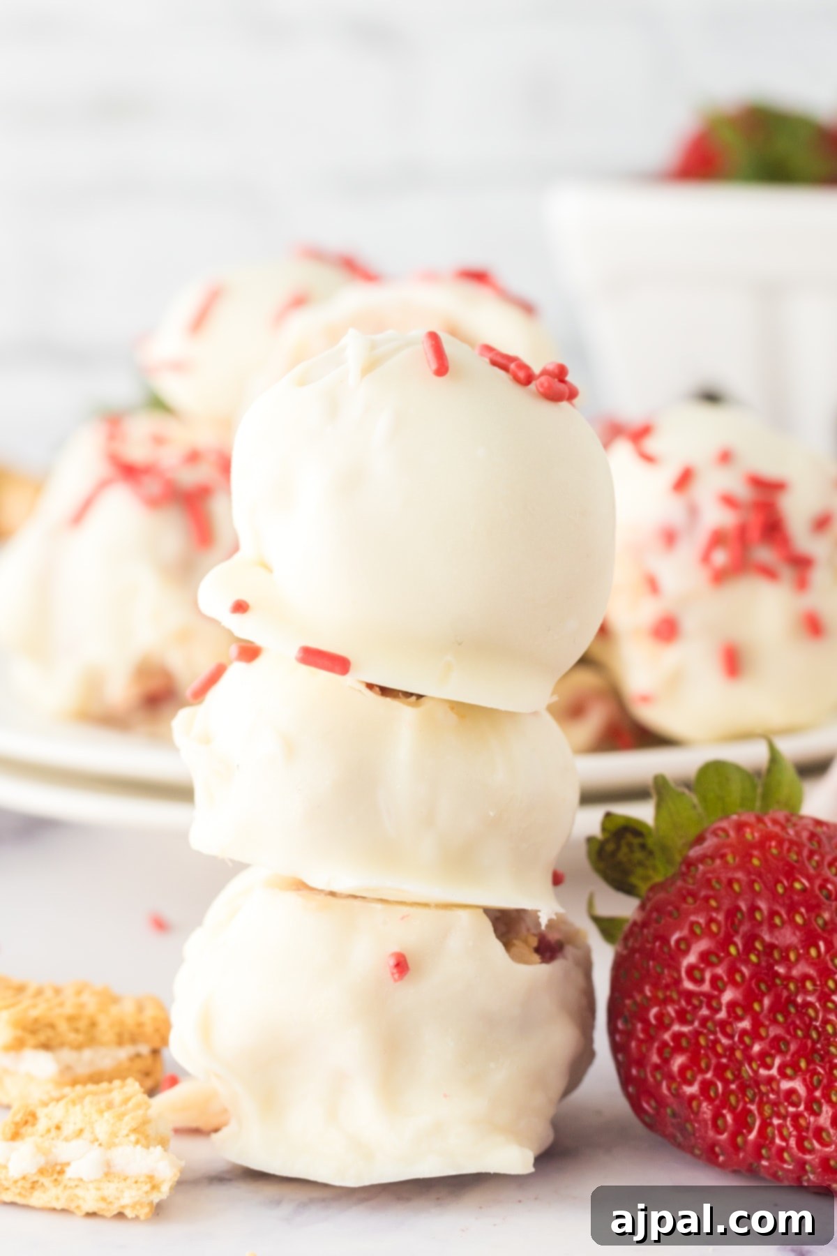 A small stack of white chocolate-dipped strawberry shortcake truffles, adorned with pink sprinkles, creates an inviting display.