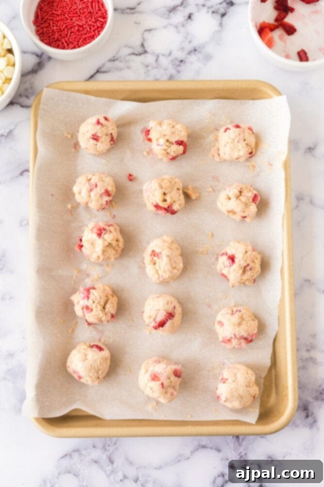 Strawberry shortcake truffles, perfectly rolled into uniform balls, are arranged on a parchment-lined baking sheet, ready for chilling.