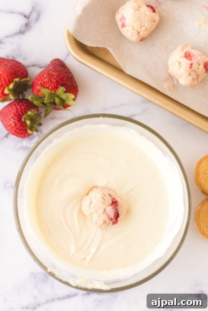 A strawberry shortcake truffle is carefully dipped into a bowl of melted white chocolate, illustrating the coating process.