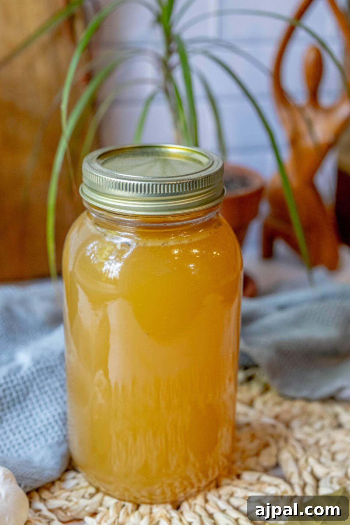 Homemade Slow Cooker Turkey Stock 2 A jar of golden slow cooker turkey stock on a rustic table next to a green plant, highlighting its rich color and homemade appeal.