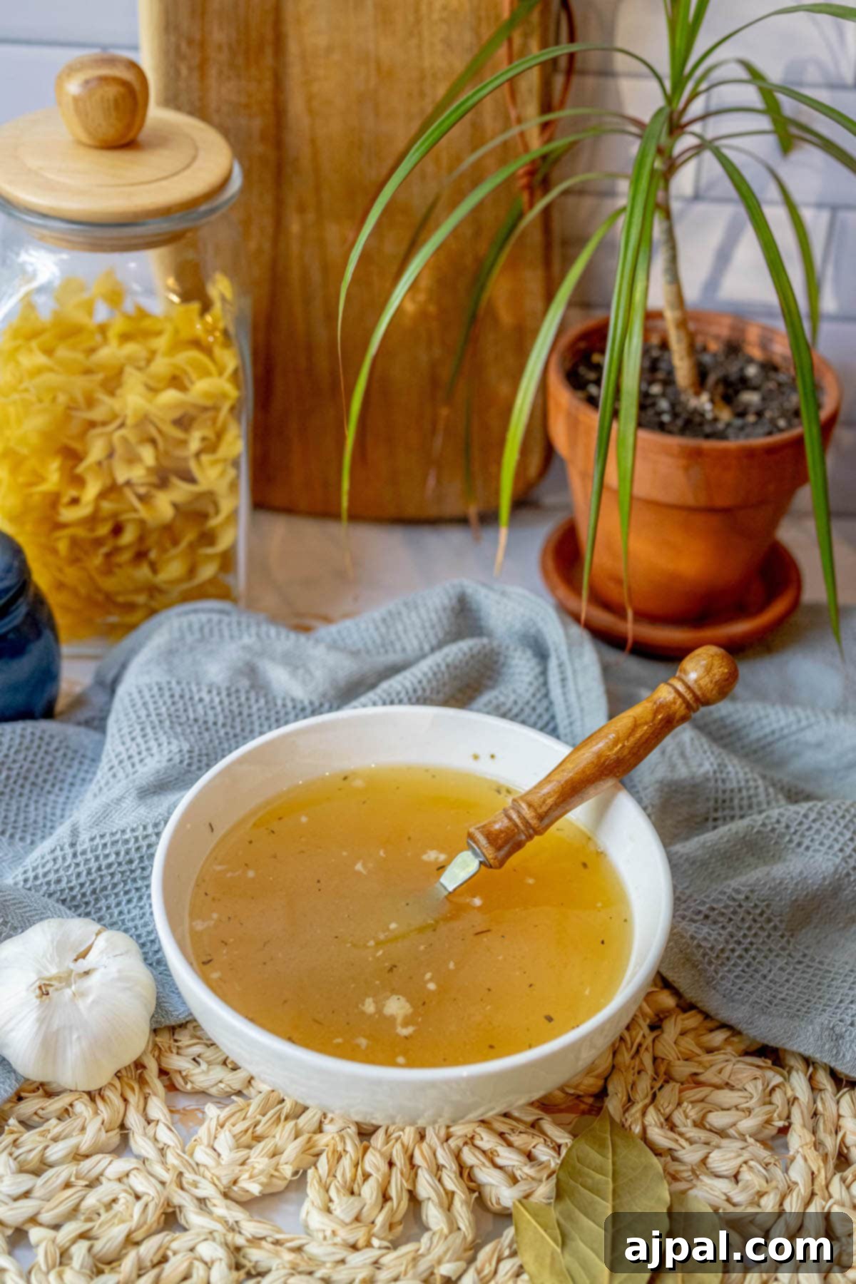 Homemade Slow Cooker Turkey Stock 9 A bowl of inviting yellow turkey stock with a wooden spoon, ready to be enjoyed, reflecting the warmth of homemade goodness.