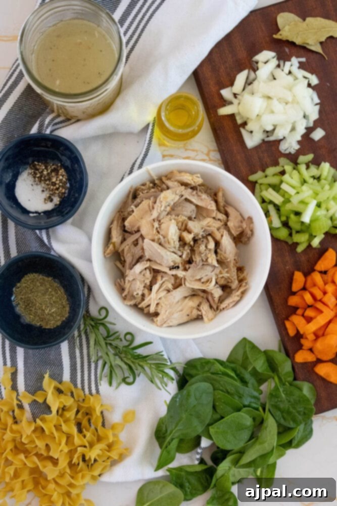 Hearty Slow Cooker Turkey Noodle Soup 5 A collection of raw ingredients for turkey noodle soup, including turkey, carrots, onion, celery, salt, pepper, noodles, spinach, and stock, artfully arranged.