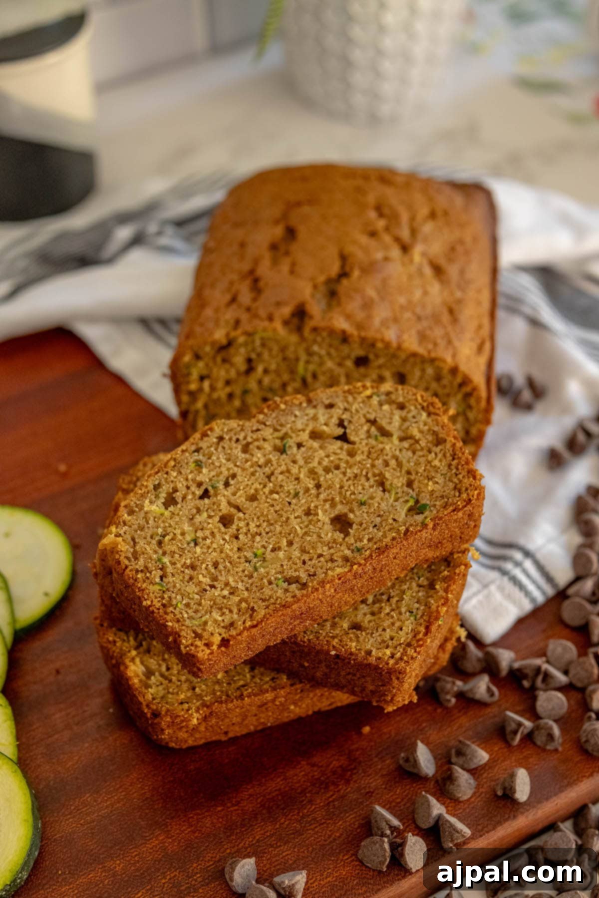 baked zucchini bread slices stacked on top of each other on a cutting board