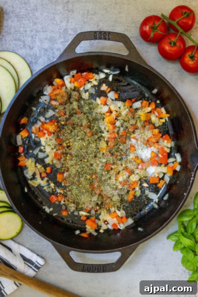 sauteed vegetables and herbs in a pan