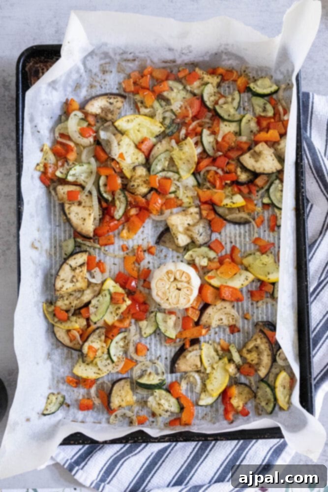 Ratatouille Tartlets 7 roasted vegetables on a sheet pan