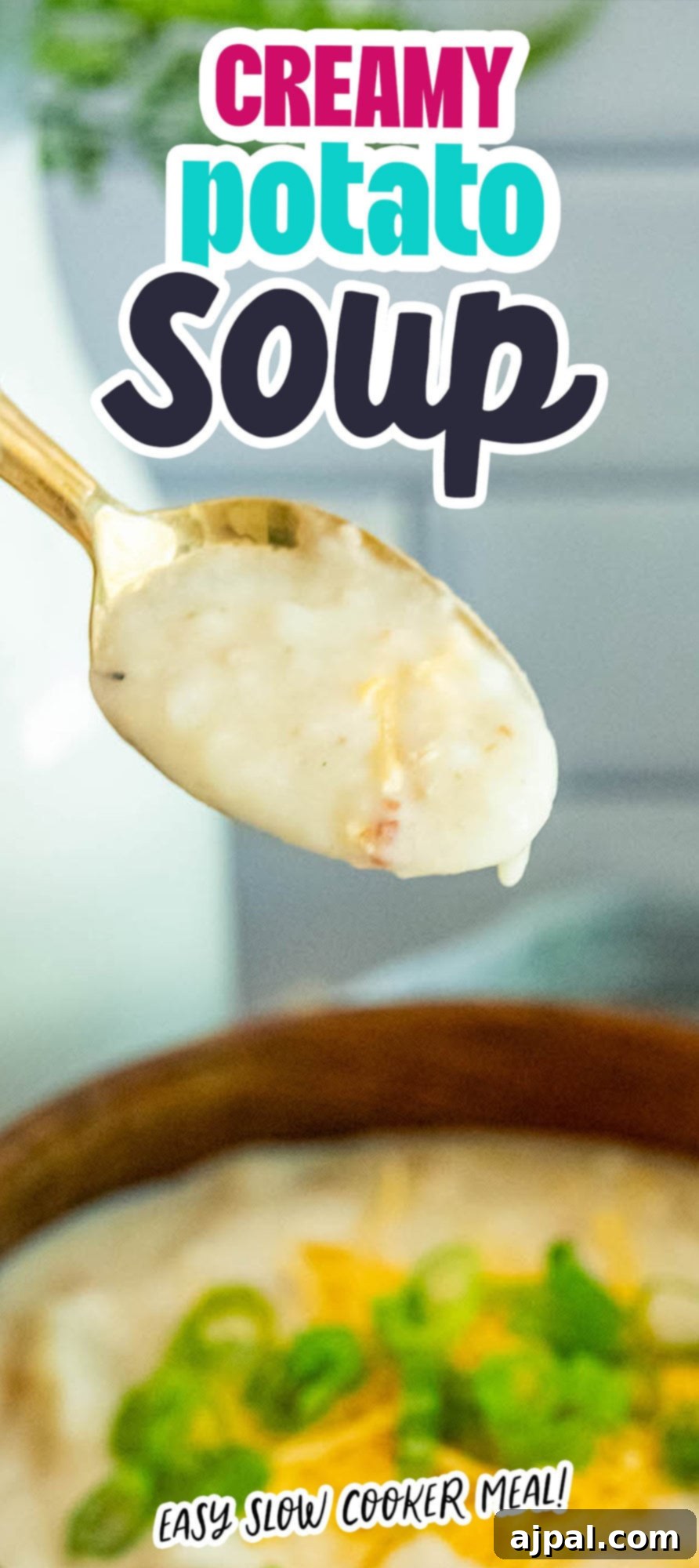 Creamy Slow Cooker Loaded Baked Potato Soup 11 Creamy slow cooker potato soup in a bowl with a spoon, highlighting its inviting texture