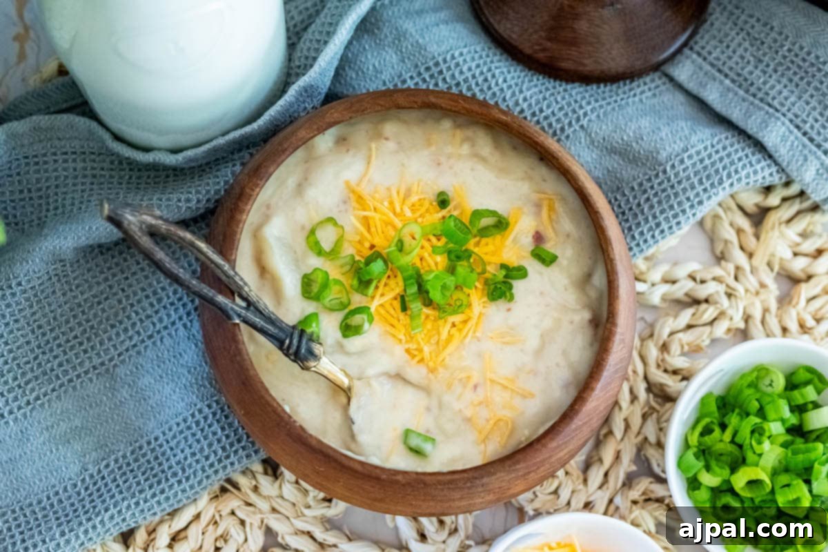 Creamy Slow Cooker Loaded Baked Potato Soup 9 A bowl of slow cooker loaded potato soup in a rustic wooden bowl, garnished and ready to serve