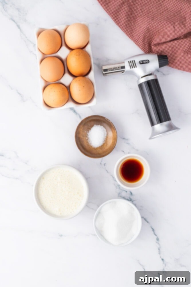 Your Instant Pot's Secret to Perfect Creme Brulee 4 eggs, sugar, vanilla, a kitchen torch on a table