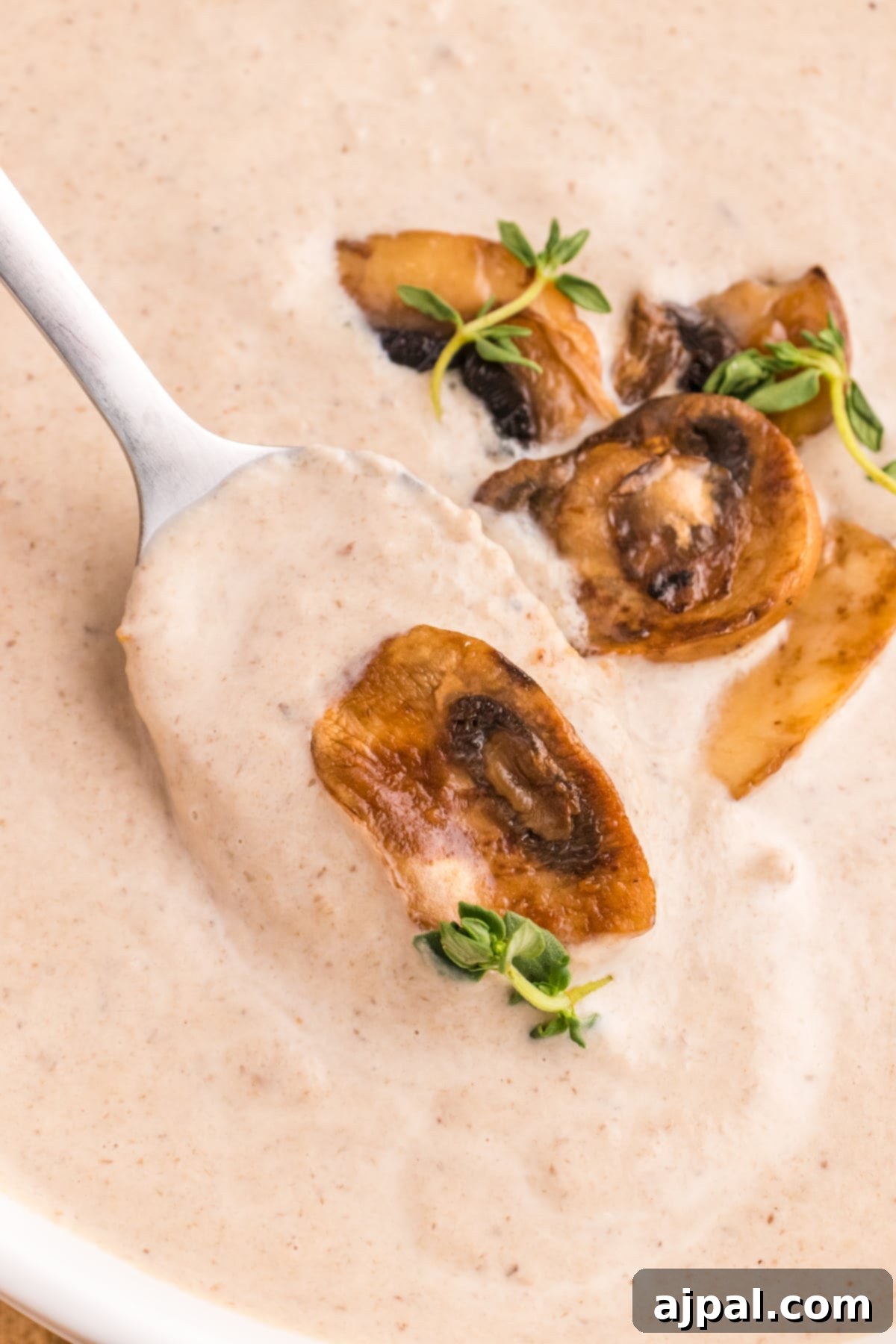 a spoon with mushroom soup and roasted mushrooms on it