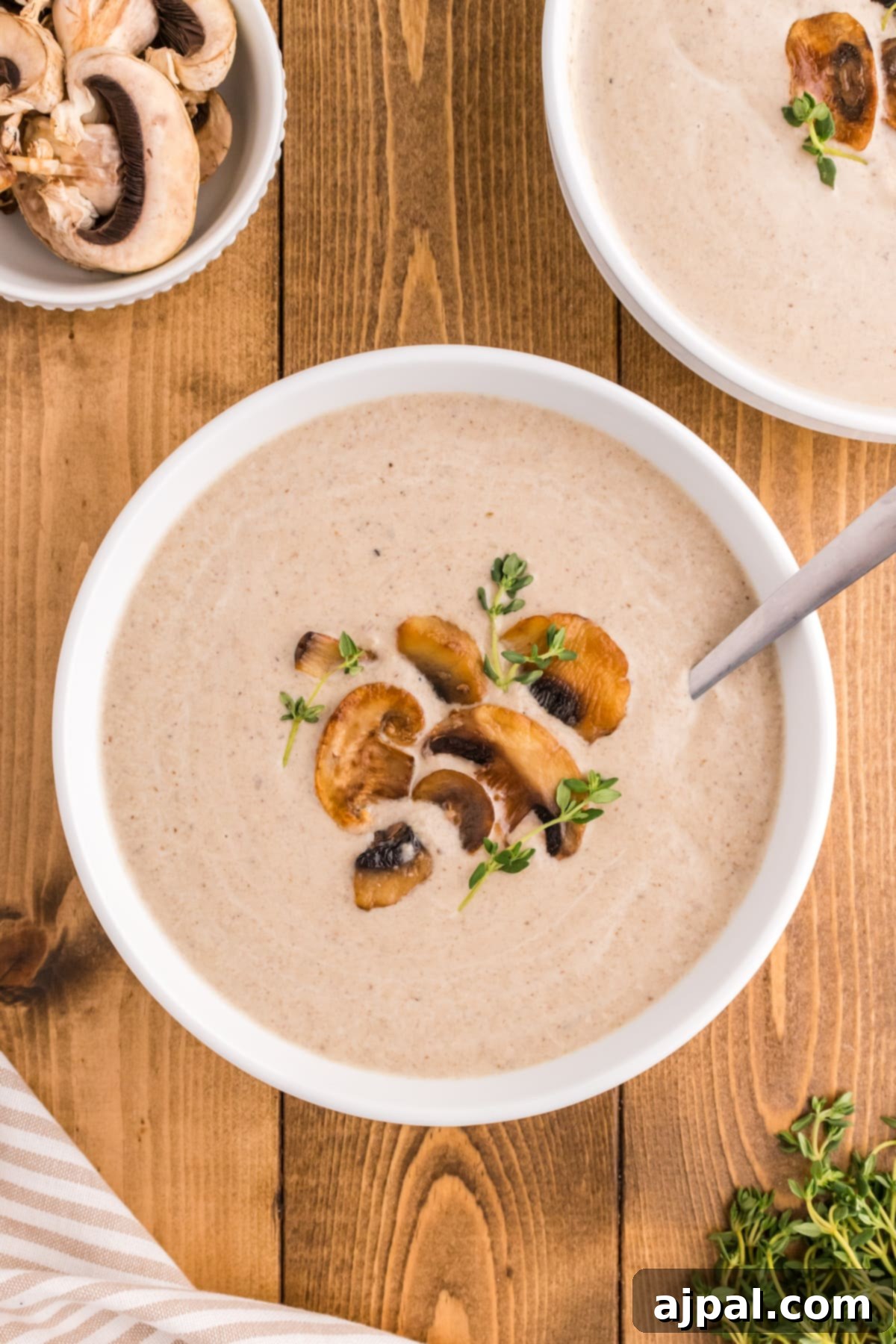 a spoon with mushroom soup and roasted mushrooms on it in a bowl of mushroom soup topped with fresh thyme