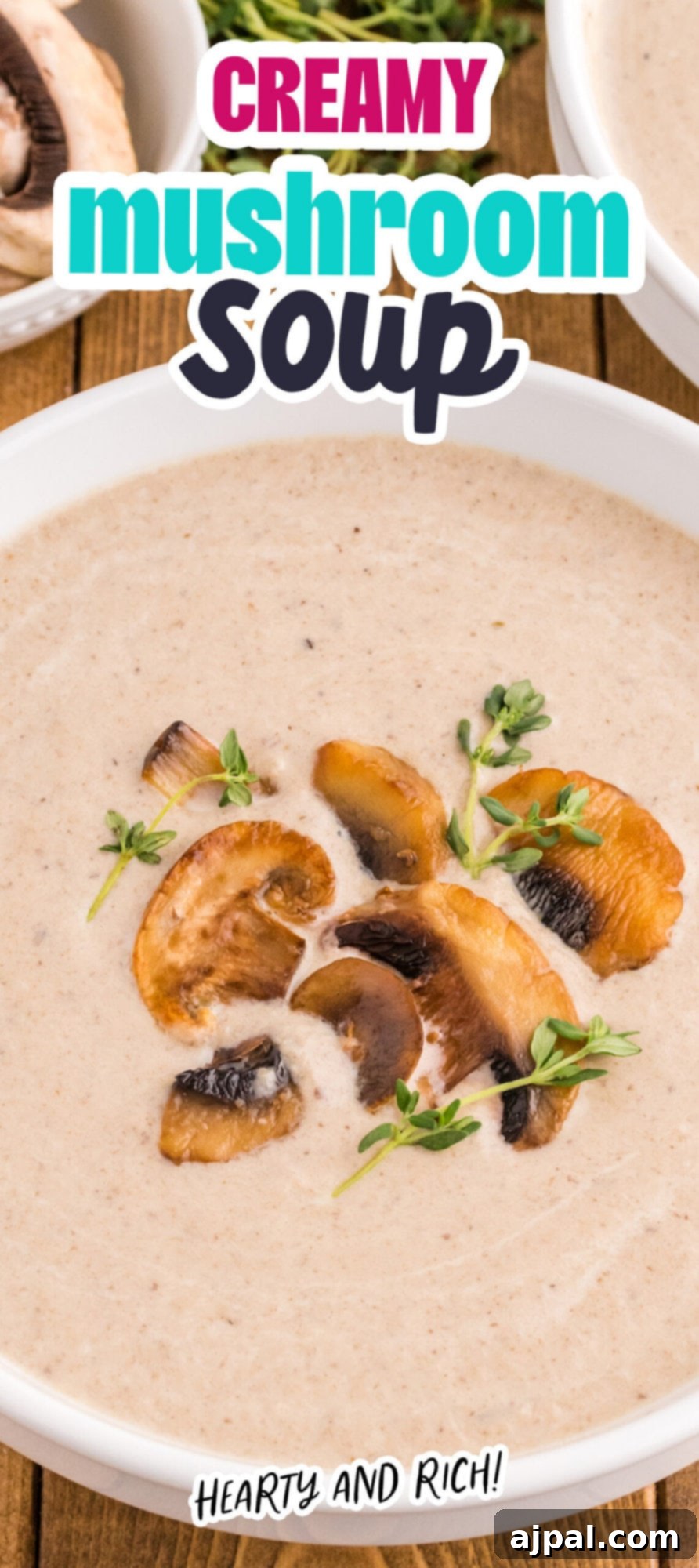 a spoon with mushroom soup and roasted mushrooms on it in a bowl of mushroom soup topped with fresh thyme