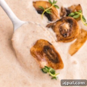 mushroom soup on a spoon with roasted mushrooms on top