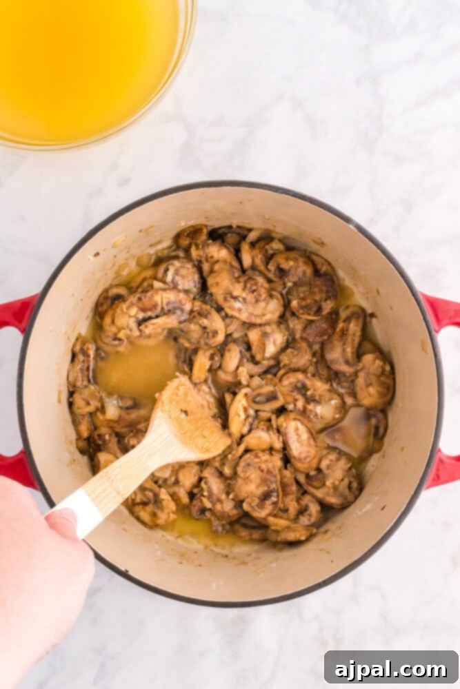 browed mushrooms in a dutch oven