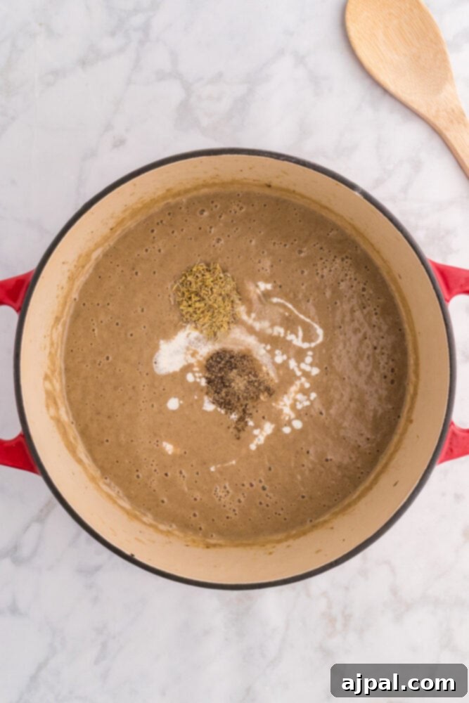 blended mushroom soup in a dutch oven 