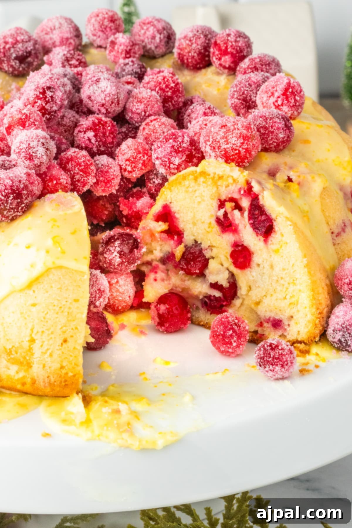 Bright Cranberry Orange Bundt Cake 13 A close-up of a slice of cranberry orange bundt cake on a plate, showing the moist interior and candied cranberries.