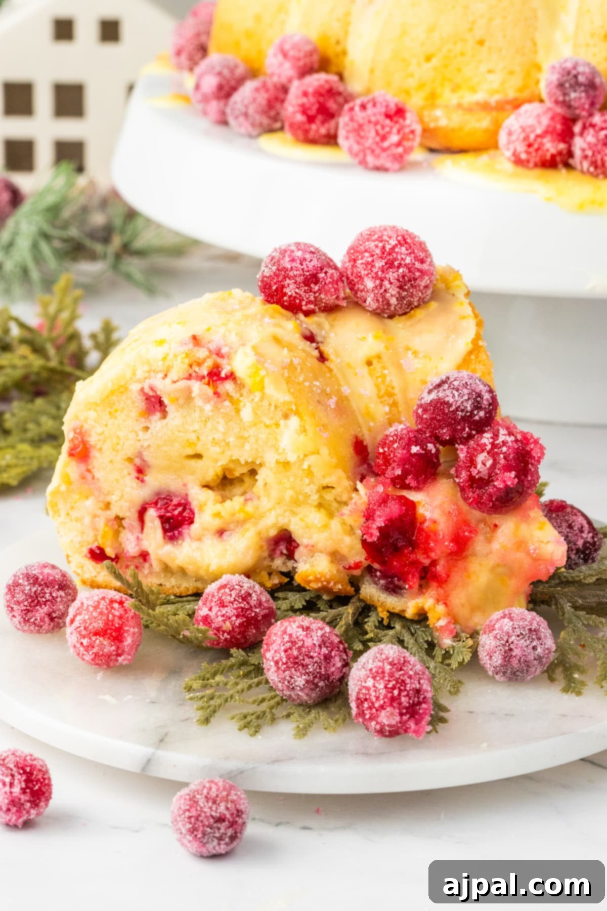 Bright Cranberry Orange Bundt Cake 14 A generous slice of cranberry orange bundt cake, topped with candied cranberries, elegantly presented on a plate.