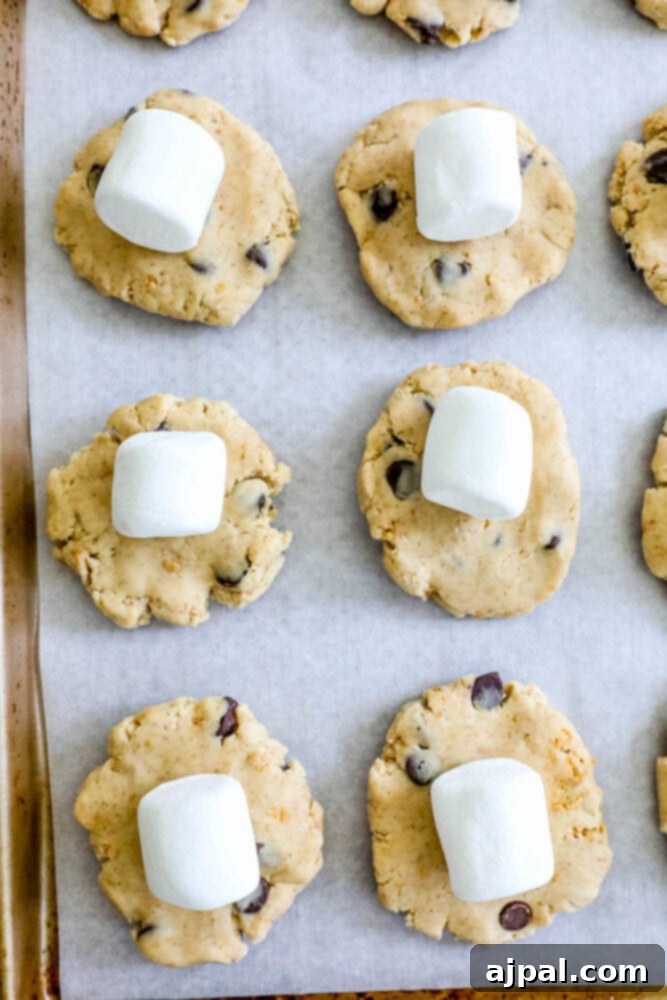 Gluten-Free S'mores Cookies 7 Gluten free S’mores chocolate chip cookies with marshmallows on a baking sheet.