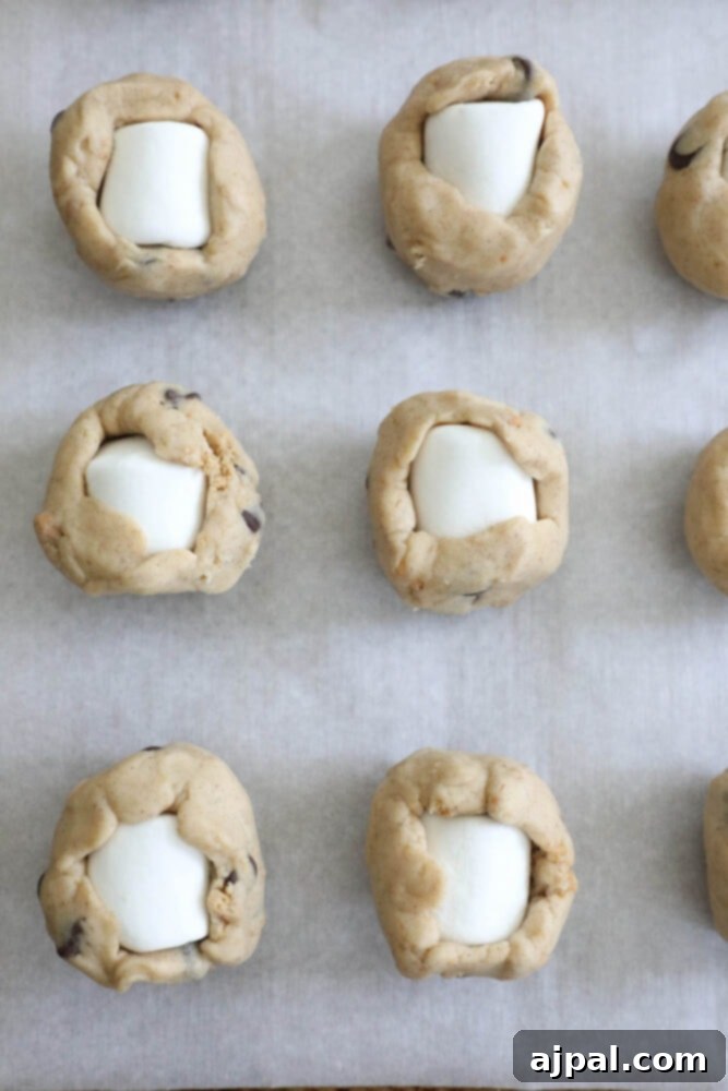 Gluten-Free S'mores Cookies 8 Gluten-free s’mores cookies loaded with chocolate chips and marshmallows, baked on a sheet.