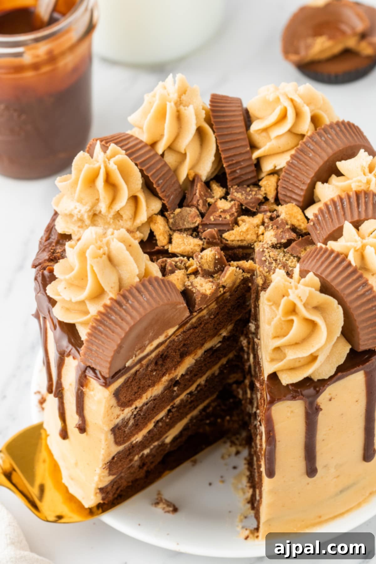 chocolate cake layered with ganache, peanut butter frosting, and peanut butter cups on top on a white plate