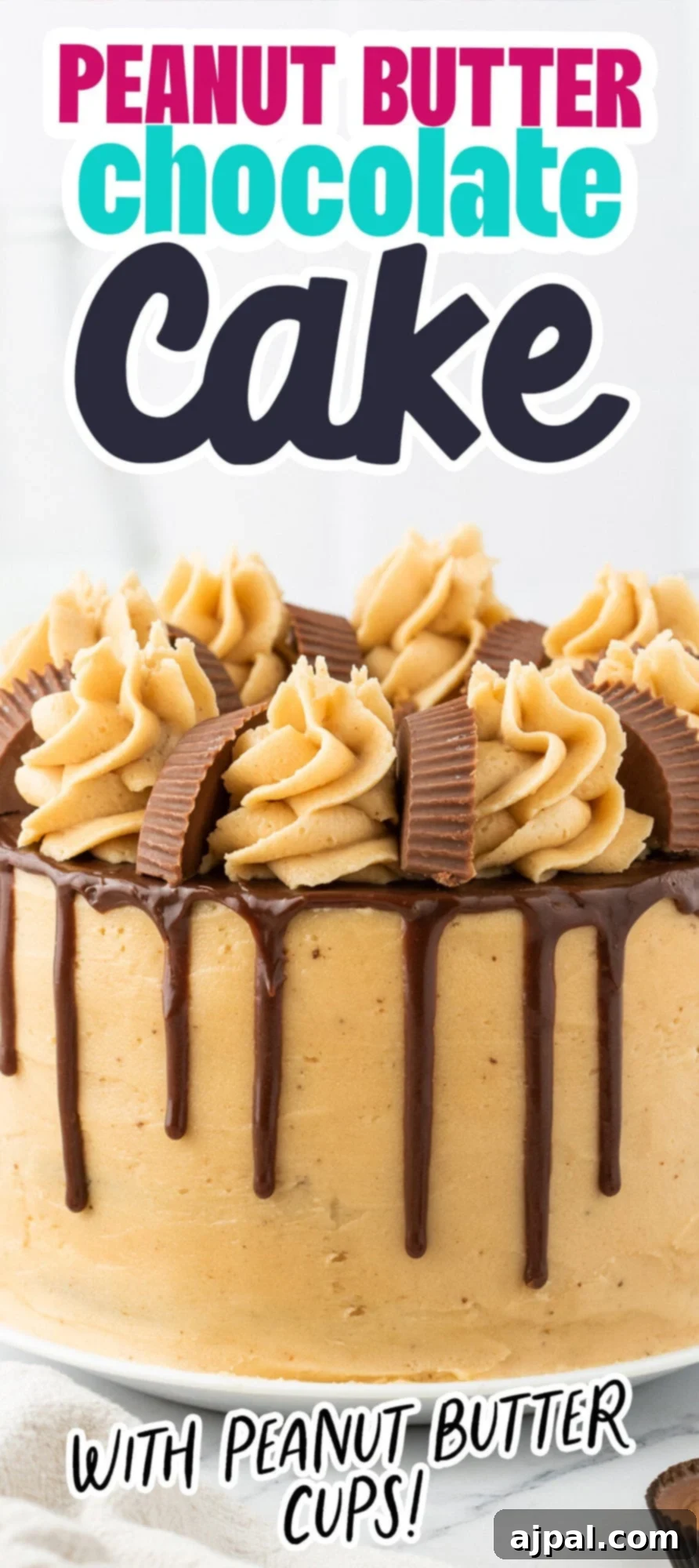 chocolate cake layered with ganache, peanut butter frosting, and peanut butter cups on top on a white plate
