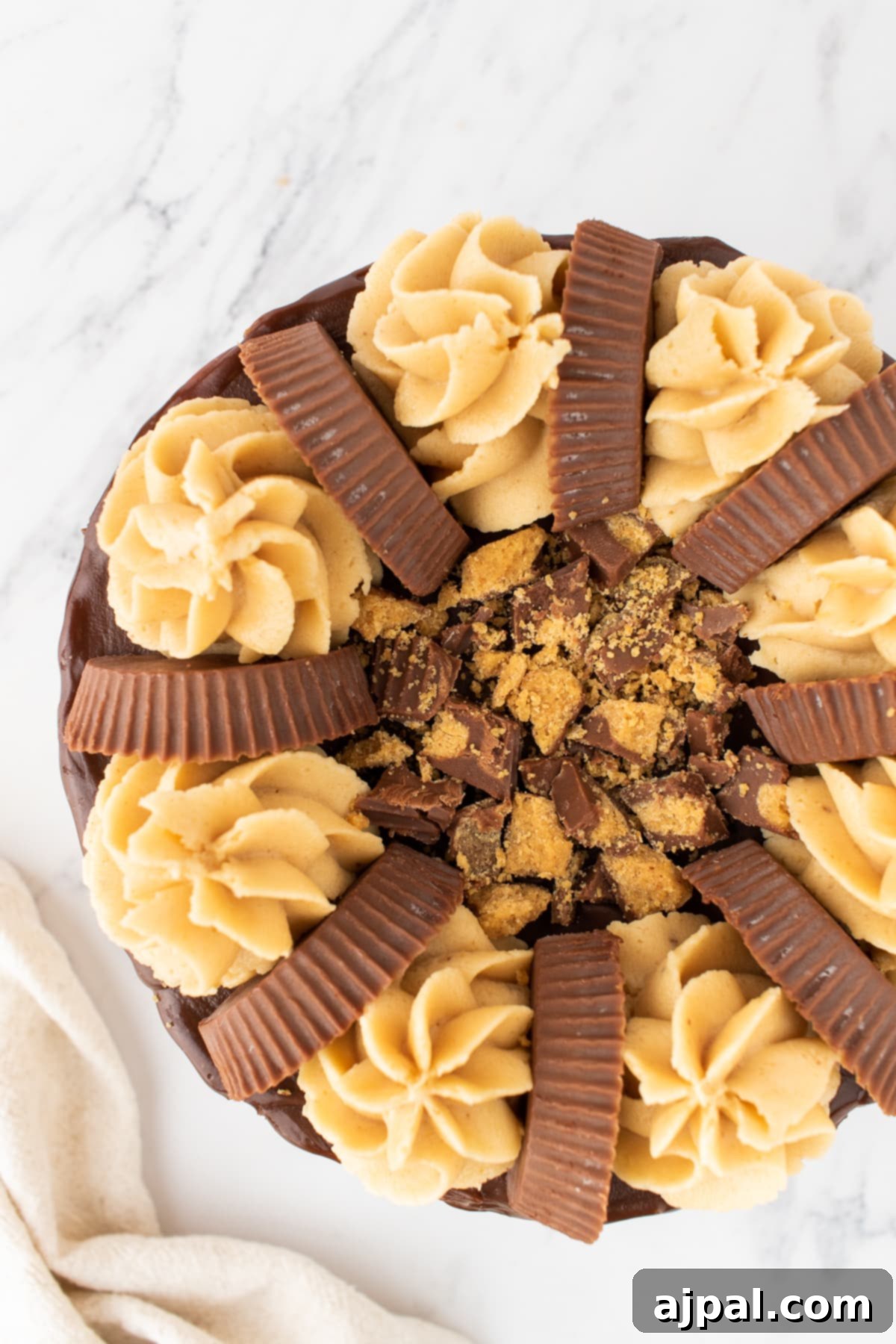 chocolate cake layered with ganache, peanut butter frosting, and peanut butter cups on top on a white plate