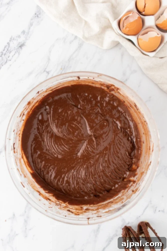 chocolate cake batter mixed in a glass bowl