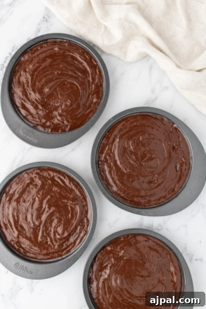 chocolate cake batter in layer cake pans