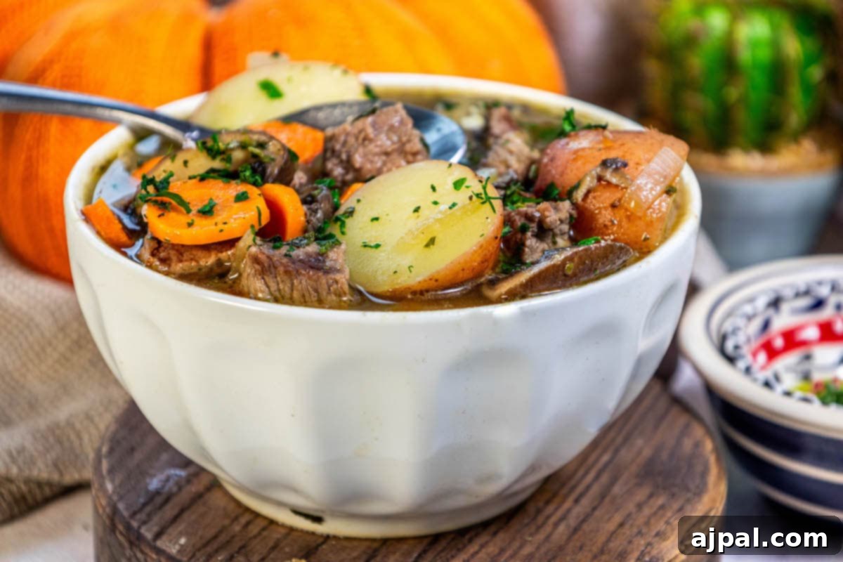 Hearty Beef and Potato Beer Stew 14 A bowl of flavorful steak and potato beer stew, garnished with fresh herbs, ready to be enjoyed.