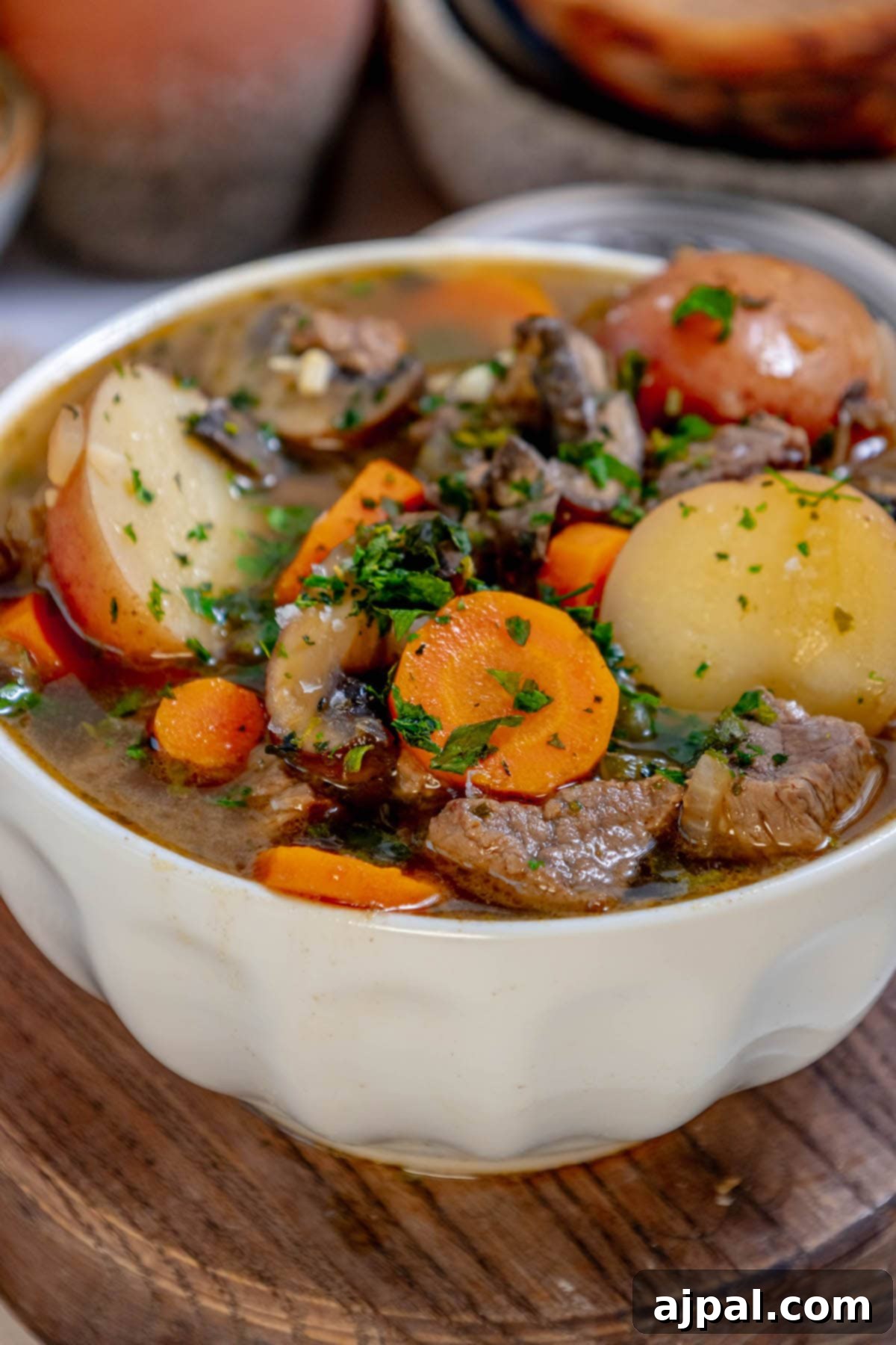 Hearty Beef and Potato Beer Stew 16 A close-up view of steak and potato beer stew in a bowl, showcasing the tender beef, carrots, and potatoes.
