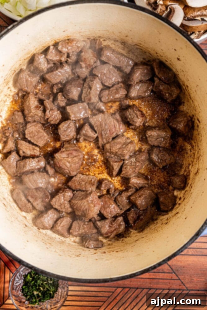 Hearty Beef and Potato Beer Stew 7 Perfectly browned stew meat resting in a Dutch oven after searing.