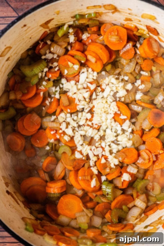 Hearty Beef and Potato Beer Stew 9 Sautéed carrots, celery, and onion base for the stew.
