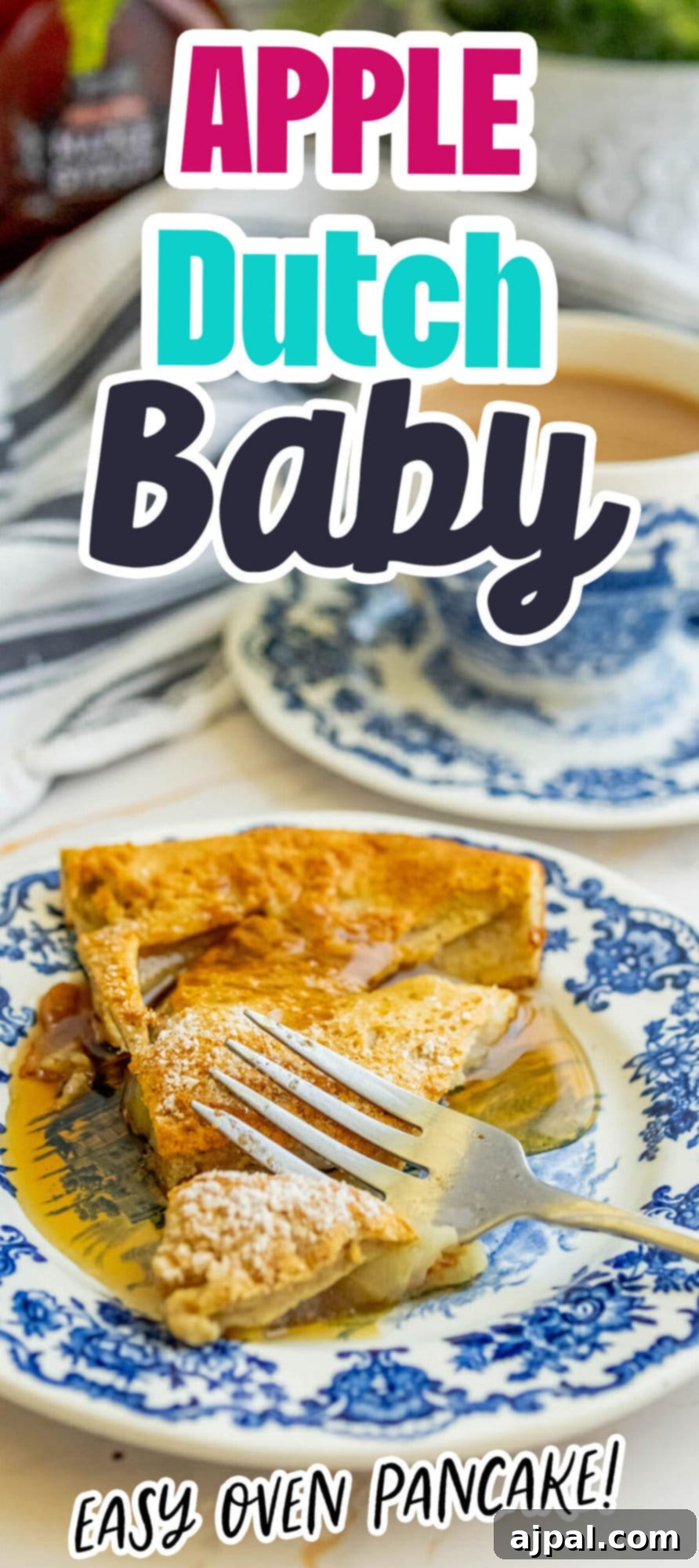 A beautifully presented slice of Cinnamon Apple Dutch Baby on a pristine white plate, adorned with a delicate dusting of powdered sugar and a drizzle of golden syrup, highlighting its fluffy texture and inviting autumn flavors.