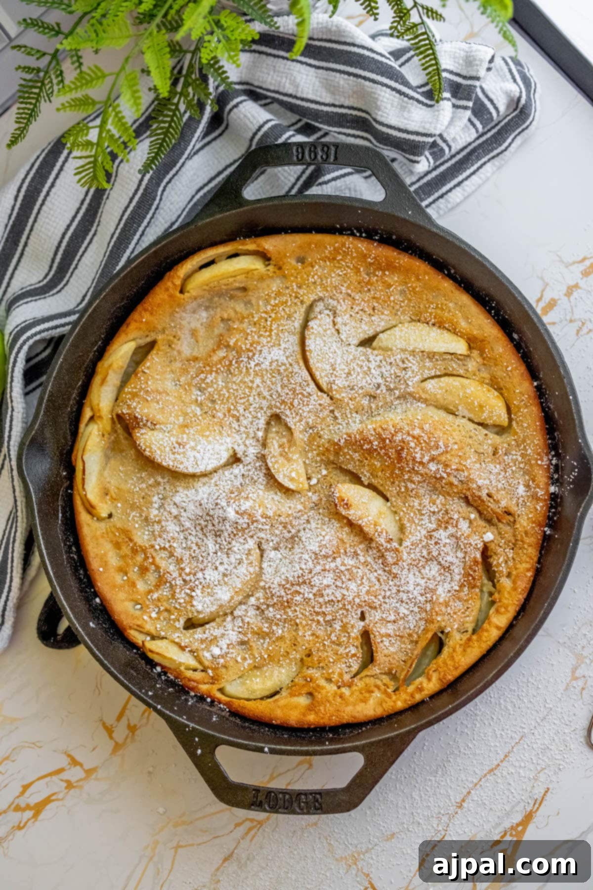 A glorious Cinnamon Apple Dutch Baby freshly baked in a cast iron skillet, boasting its impressive puff, golden-brown edges, and a dusting of powdered sugar over the softened apple base.