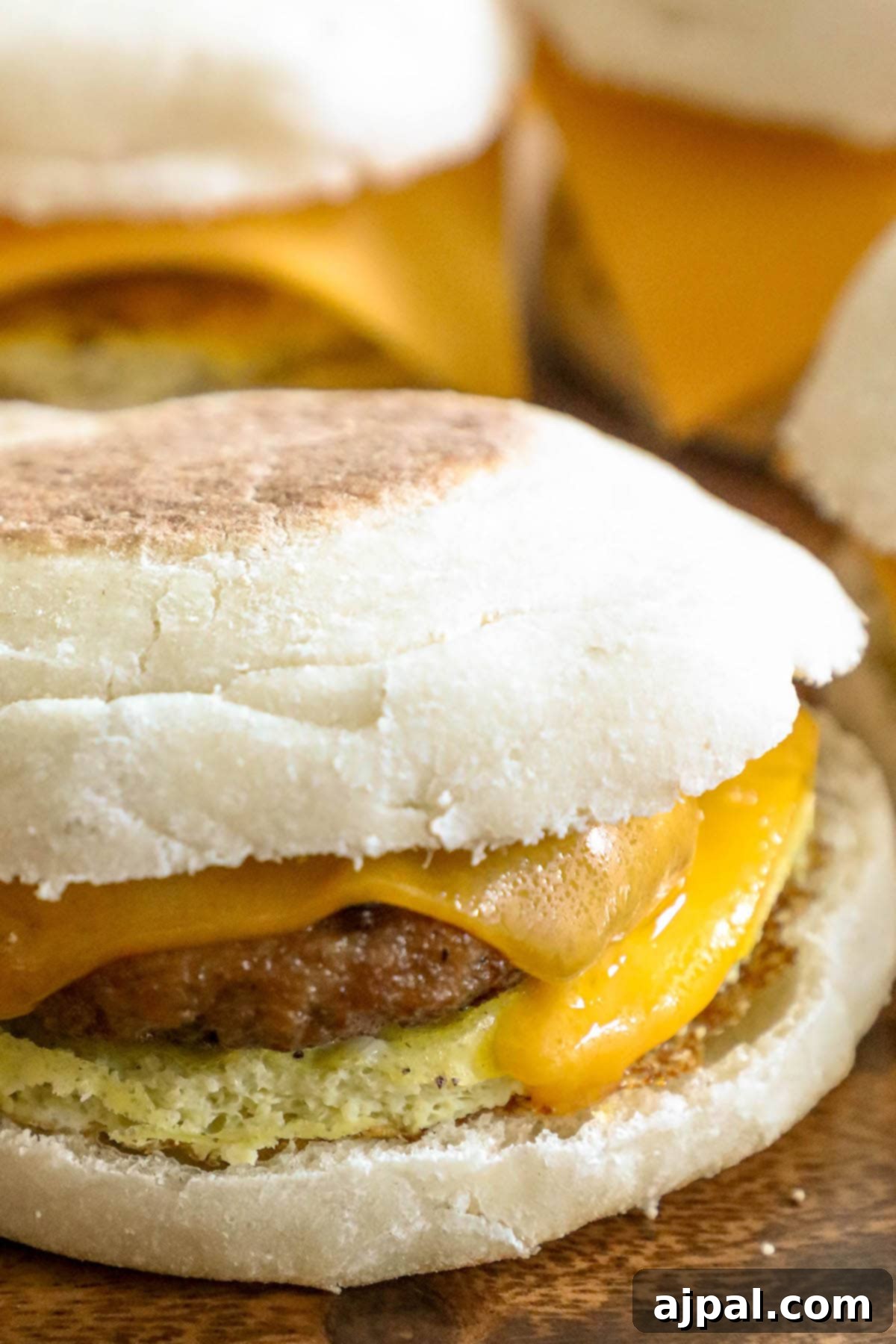 Grab-and-Go Egg Muffin Sandwiches 2 A perfectly assembled homemade egg muffin sandwich featuring a golden egg, melted cheese, and a savory sausage patty nestled within a toasted English muffin. It sits on a rustic wooden cutting board, ready to be enjoyed.