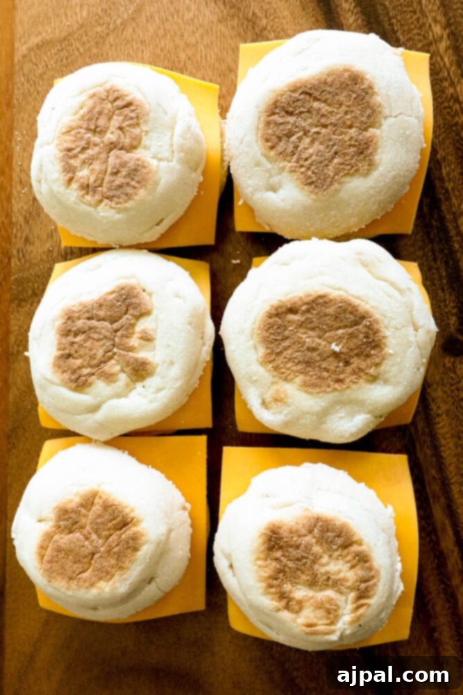 Grab-and-Go Egg Muffin Sandwiches 11 A collection of homemade egg muffin sandwiches, some wrapped in parchment paper and some open, showcasing the layers of egg, cheese, and sausage on toasted English muffins, all on a rustic wooden surface.