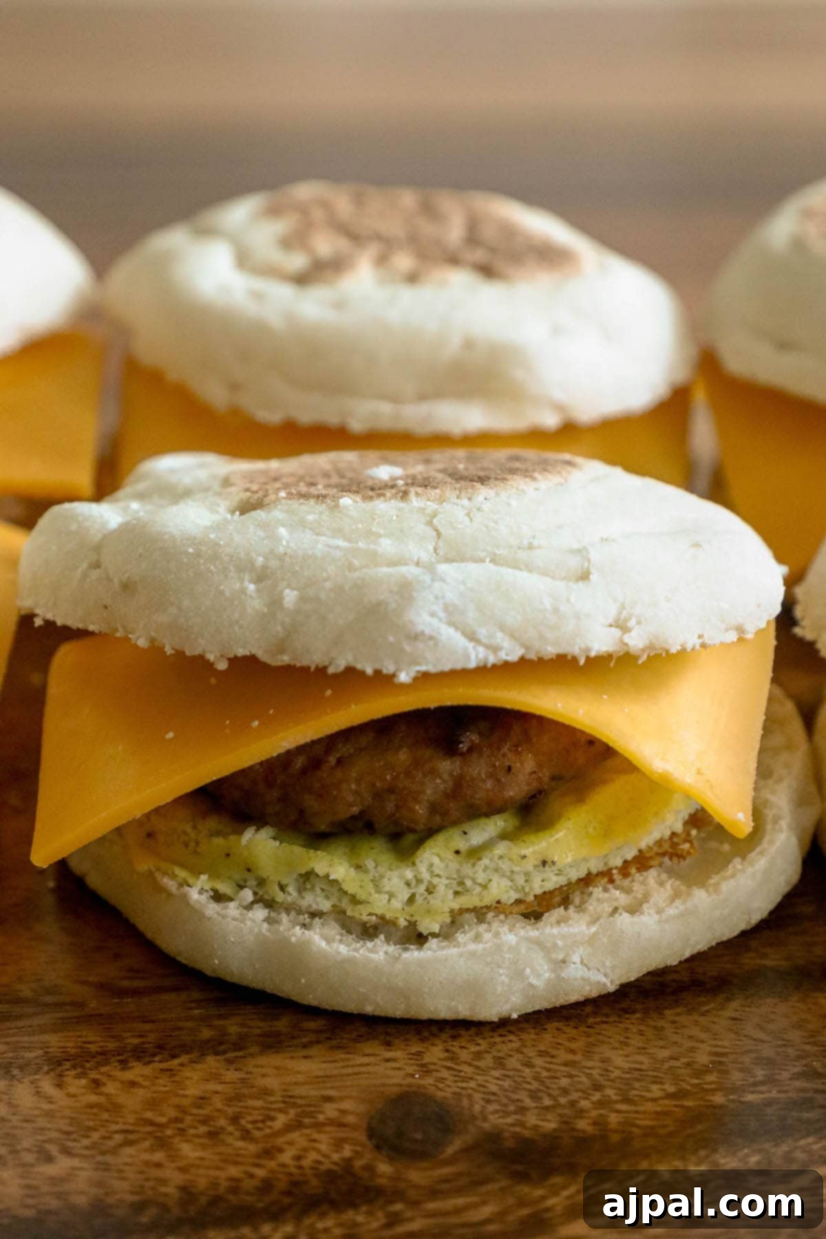 Grab-and-Go Egg Muffin Sandwiches 12 A close-up of a single homemade egg muffin sandwich with melted cheese and a sausage patty, sitting on a wooden surface. Its golden-brown English muffin hints at a perfectly toasted finish, ready for a delicious breakfast.