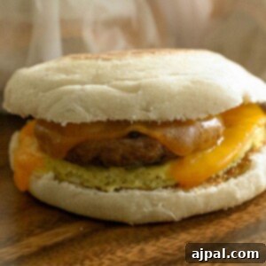 A breakfast sandwich with freezer egg muffins and cheese on a wooden table.