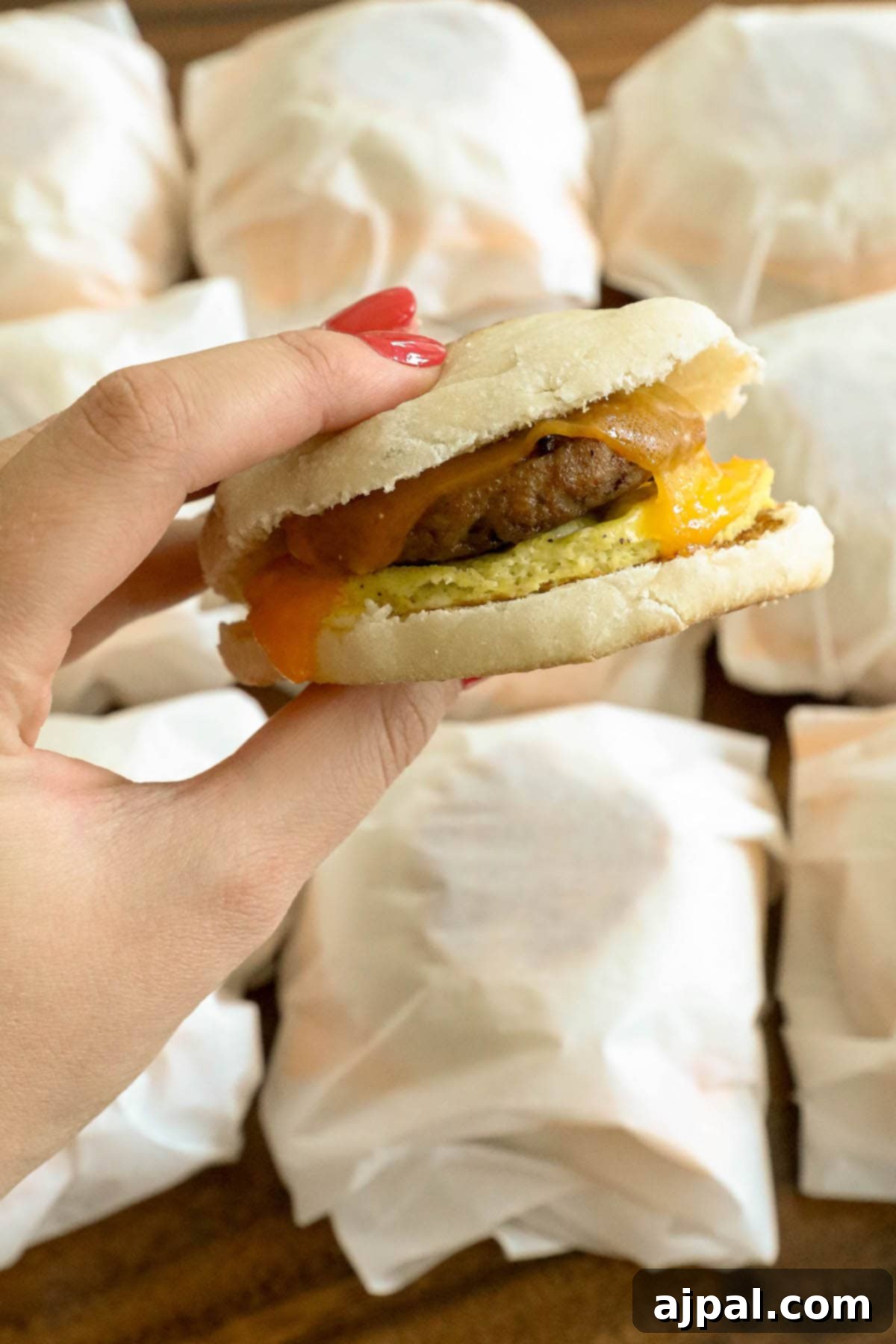 Grab-and-Go Egg Muffin Sandwiches 4 A close-up view of a homemade breakfast sandwich, assembled with a perfectly cooked egg patty, a slice of melted cheese, and a savory sausage patty, all nestled between a toasted English muffin. Other wrapped sandwiches are blurred in the background, suggesting a fresh batch ready for the freezer.