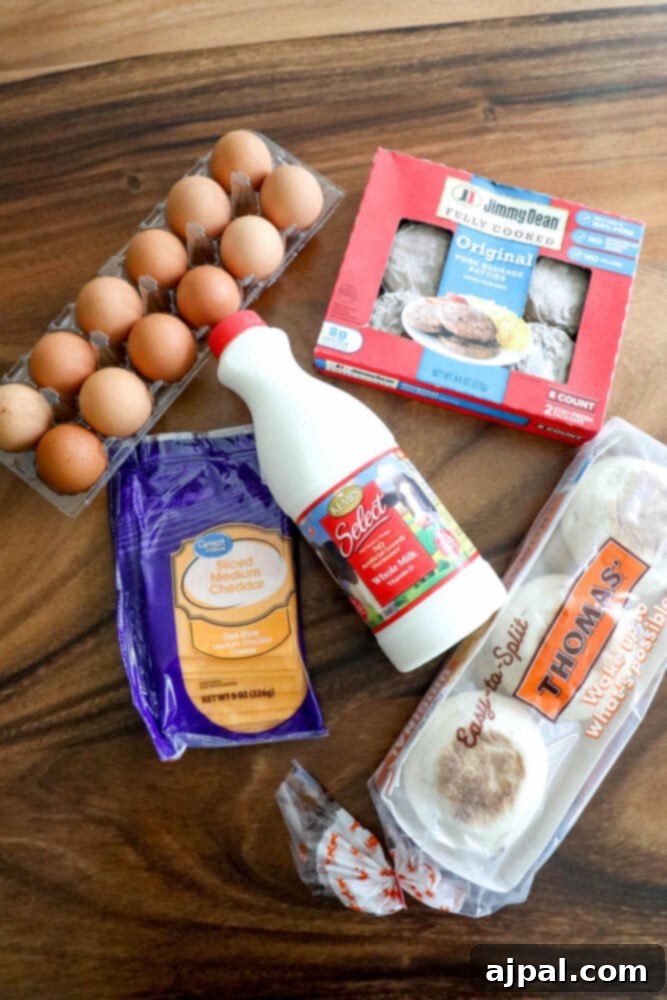 Grab-and-Go Egg Muffin Sandwiches 5 A variety of ingredients laid out on a table, including English muffins, fresh eggs, slices of cheese, and breakfast sausage patties, all ready to be transformed into delicious freezer breakfast sandwiches.