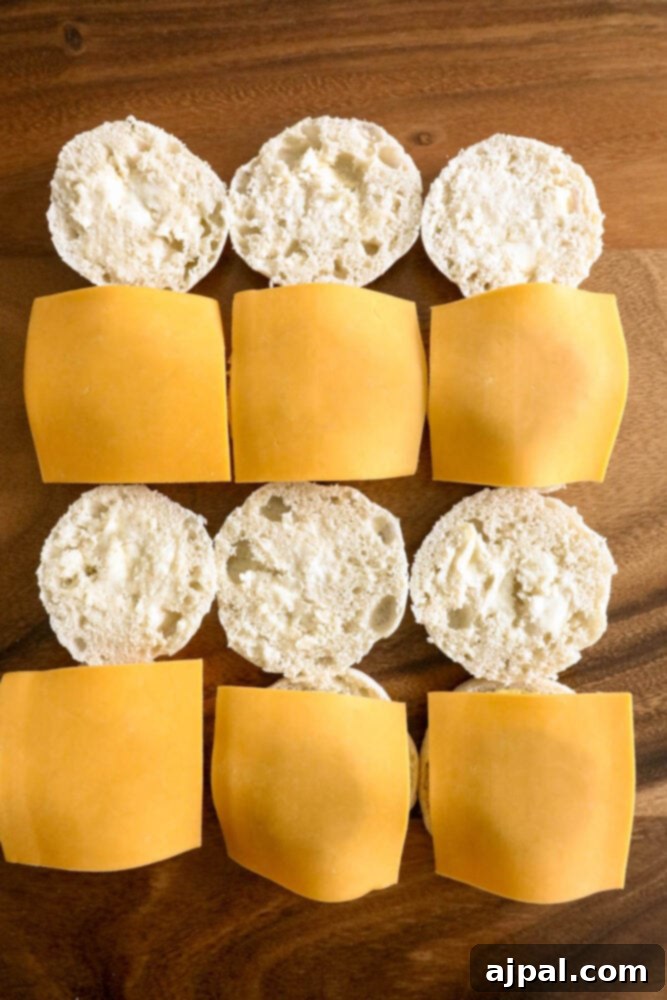 Grab-and-Go Egg Muffin Sandwiches 8 A row of freshly assembled homemade breakfast sandwiches, each featuring a toasted English muffin, egg, cheese, and sausage, lined up on a wooden table, ready for wrapping and freezing.