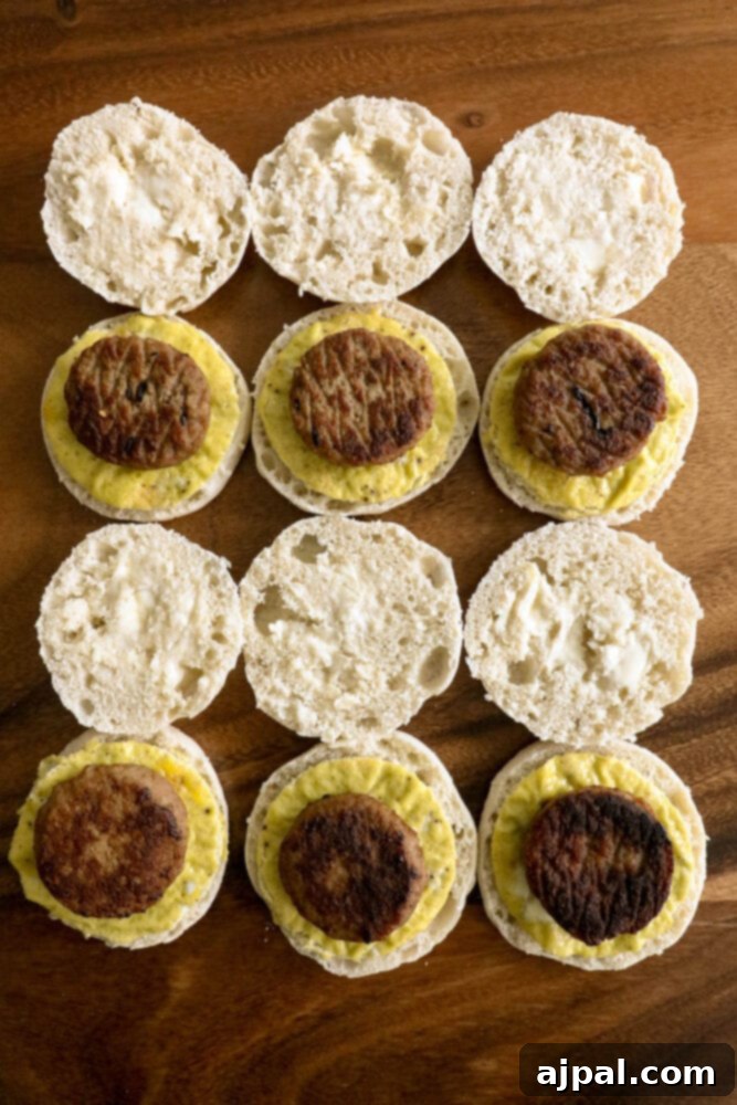 Grab-and-Go Egg Muffin Sandwiches 9 Several homemade breakfast sandwiches featuring sausage, egg, and cheese on English muffins, neatly arranged on a wooden table, with some already wrapped in parchment paper for freezer storage.